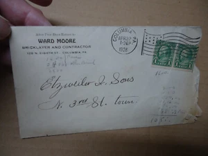 Ward Moore bricklayer & contractor COLUMBIA PA envelope 1926 - Picture 1 of 2