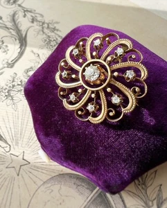 ANTIQUE • Victorian 14k Gold Old Mine Cut Diamond Sun Starburst Brooch Pendant - Picture 1 of 4