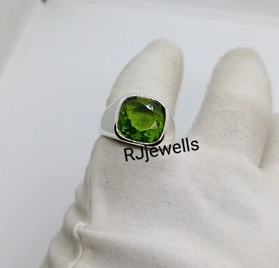 Peridot Cushion Ring For Men's and Women's Lab Create Gemstone Solid Bezel Ring - Image 1 of 4