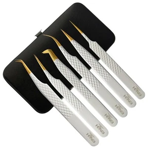 Professional White Gold Eyelash Extension Tweezers set of 6 with Magnetic Case - Picture 1 of 7