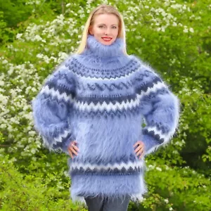 SuperTanya Azul Islandés Difuso Mohair Suéter Hecho a Mano Jersey Nórdico Talla M-L - Imagen 1 de 9