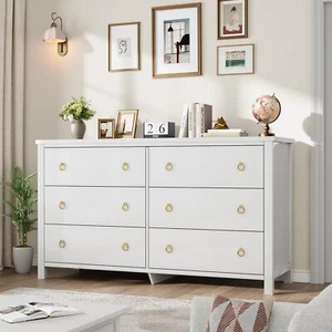Wood Dresser for Bedroom with 6 Drawers, Mid Century Chests of Drawer White - Picture 1 of 8
