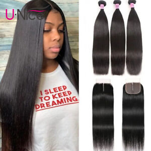 Brazilian Straight Human Hair Extensions Bundles With T Part Lace Closure Weaves