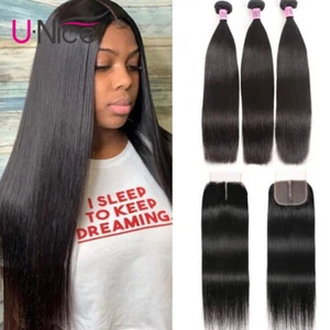 UNice Brazilian Straight Human Hair Extension 3 Bundles With T Part Lace Closure - Picture 1 of 11