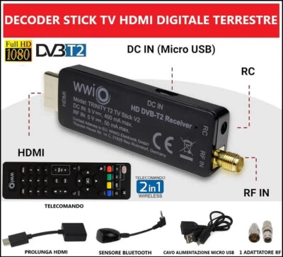 Decoder Ricevitore Digitale Terrestre Mini Stick DVB-T2 Full HD HDMI H265 10 Bit - Immagine 1 di 4