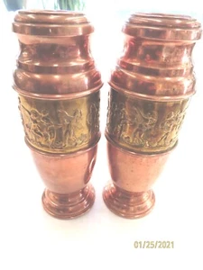 Pair Copper and Brass Mantel Vases Urns Arts & Crafts Mid Century 10" - Picture 1 of 10