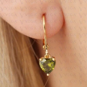2.00ct Heart Cut Natural Peridot Solitaire Earring 14K Yellow Gold Plated - Picture 1 of 11