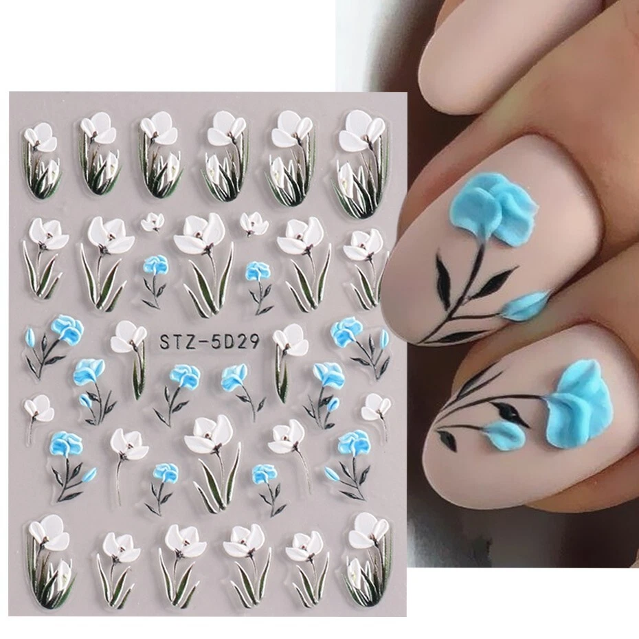 5D Nail Art Stickers Decals Embossed Flowers Floral Daisy Decoration Tulips 5D29