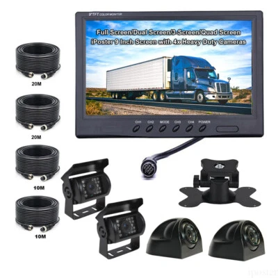 4PIN Rear View System 9" Quad Monitor 2x Side+2x Rear Backup Cameras For Truck - Image 1 of 4