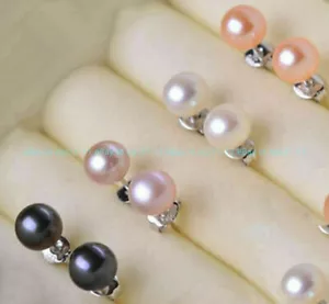 7-12mm Natural White Pink Purple Black Real Pearl Silver Stud Earrings - Picture 1 of 17