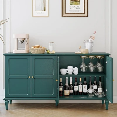Mid-Century Sideboard Drinks Cabinet with Wine Glass Rack Storage Green Wood - Image 1 of 4