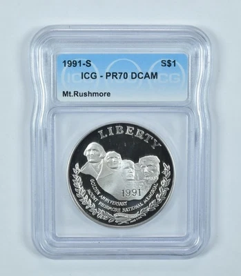 1991-S Mount Rushmore Commemorative Silver Dollar PR70 DCAM ICG *7115 - Image 1 of 4