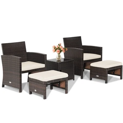 Patio 5PCS Rattan Furniture Set Ottoman Cushioned W/Cover Space Saving Off White - Image 1 of 4