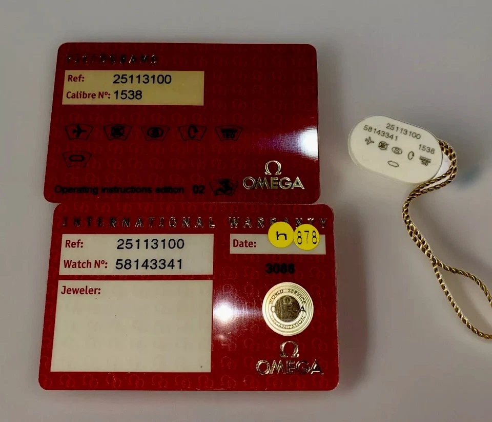 Juego de tarjetas de reloj pulsera de cuarzo Omega Cal 1538 vintage raro sin fecha en blanco Foto 1 de 4