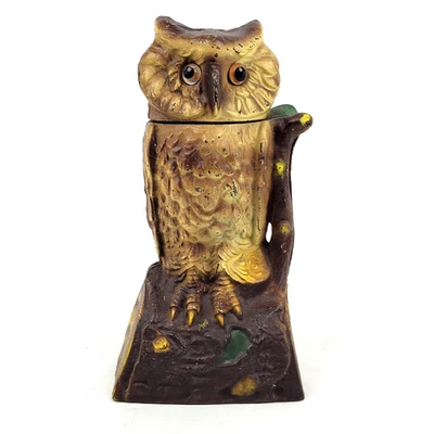 Vintage Book of Knowledge Cast Iron Mechanical Coin Bank OWL Reproduction - Image 1 of 4