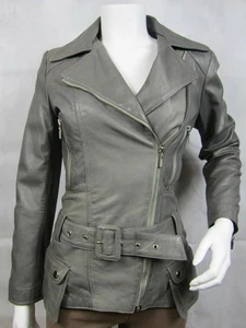 Chaqueta de motociclista ajustada con tachuelas de cuero Napa gris TR-253 Feminin Touch para mujer - Imagen 1 de 7