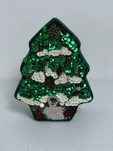 Christmas Tree Sequin Beaded Trinket Gift Box Green White - Picture 1 of 6