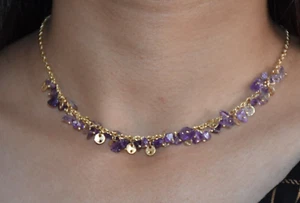 Handmade Natural Amethyst Chip Bead Necklace Rosary Style Uncut Gemstone Jewelry - Picture 1 of 5