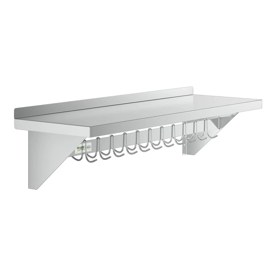 Regency 15" X 48" Stainless Steel Wall Mounted Pot Rack With Shelf and 18 Hooks