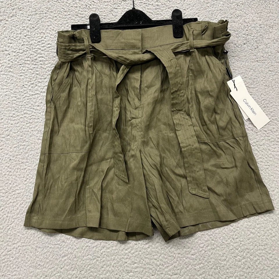 Pantalones Cortos Calvin Klein Mujer XL Verde Lino Bolsa de Papel Cintura Alta Playa Costera Foto 1 de 4
