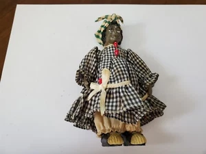 Small Black Vintage Ceramic Baby Doll in Black-White Gingham Dress Circa 1950's - Picture 1 of 7
