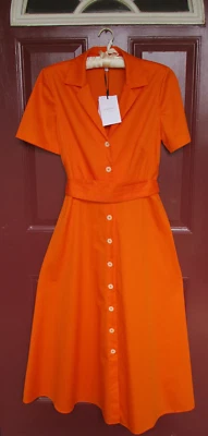 LK Bennett London Orange Shirtwaist Midi Dress Sz 4 Buttons Sash 100% Cotton NWT - Image 1 of 4