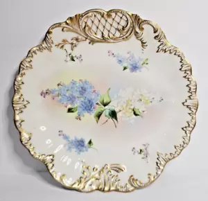 Limoges France Blue White Hand Painted Plate Hydrangea Floral Gold Guilded - Picture 1 of 4