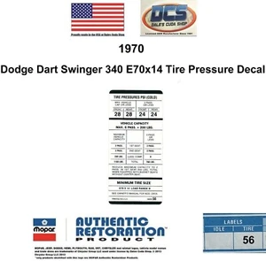 1970 Dodge Dart Swinger 340 E70x14 Tire Pressure Decal 3402056 NEW MoPar USA - Picture 1 of 2