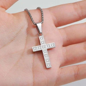 Mens Simple Fashion Stainless Steel Silver Crystals Cross Pendant Necklace 24'' - Picture 1 of 23