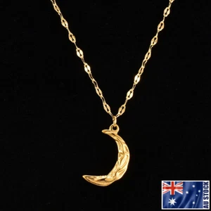 Stunning Woman 18K Yellow Gold GP Stainless Steel Moon Crescent Pendant Necklace - Picture 1 of 6