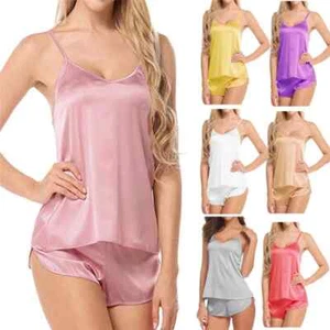 Women Nightwear Shorts Sexy Camisole Satin Silk 2pcs Cami Tops Sleep Pajamas Set - Picture 1 of 27