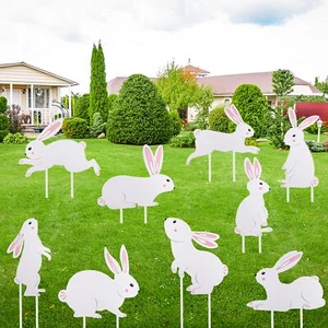 Easter Decorations White Bunny Rabbits Yard Signs Stakes Outdoor Gift Set of 9 - Picture 1 of 12