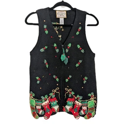 Vintage Heirloom Collectibles Petites Christmas Vest PS Black Zip Stockings Xmas - Image 1 of 4