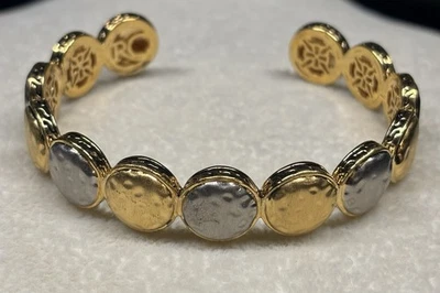 Brazalete RÚSTICO Vintage Latón y Plata Mezcla Metal Martillado Moneda Boho   Foto 1 de 4