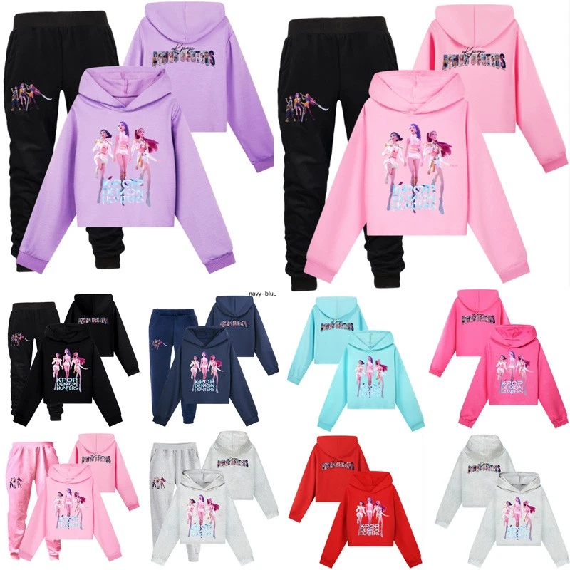 Girls Kpop Demon Hunters Casual Sweatshirt Pullover Crop Top Pants Outfit Sets - Image 1 of 4