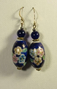 Earrings Pierced 2.25" VINTAGE Porcelain Cobalt Blue Flowers 8mm Top Beads - Picture 1 of 4
