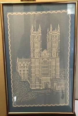 23”x14” Framed Vintage Westminster Abbey In Genuine Nottingham Lace Wall Art - Image 1 of 4
