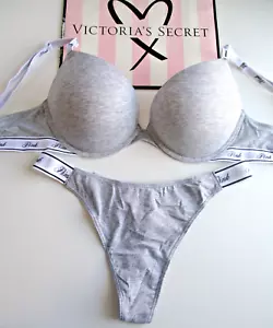 VICTORIA'S SECRET PINK set reggiseno e mutandine super push up VS cotone grigio erica - Foto 1 di 6