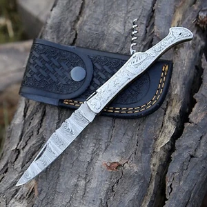 Damascus handmade laguiole Folding Knife Pocket knife camping Hunting Knife Pouc - Picture 1 of 9