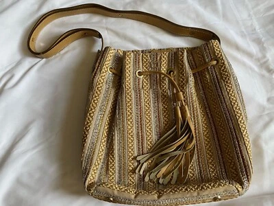 ERIC JAVITS - metallic gold leather trim stripe squishe tote bag Yellow Interior - Image 1 of 4