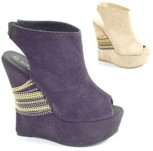 ZAPATOS SANDALIAS DE VERANO ELÁSTICAS TACÓN ALTO PEEP TOE CUÑA PLATAFORMA DAMAS MUJERES - Imagen 1 de 17