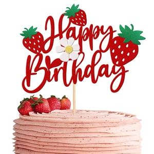 1 PCS Strawberry Happy Birthday Cake Topper with Glitter Flower Fruit Theme B... - Picture 1 of 1