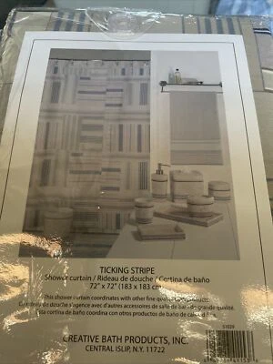 New Creative Bath Ticking Stripe Shower Curtain, 70x72. Tan/Blue - Image 1 of 2