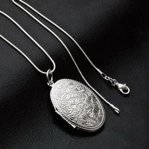 Women's Engraved Look Silver Plated Photo Locket Pendant Necklace Gift UK - Picture 1 of 7