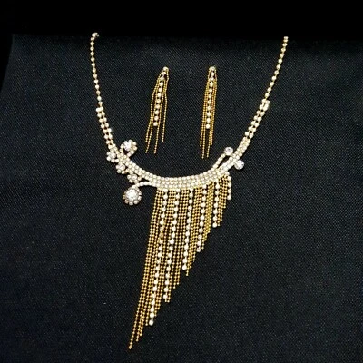 Ensemble De Bijoux Pour Mariée Boucles D'Oreilles Collier Strass Doré Mariage - Photo 1/2