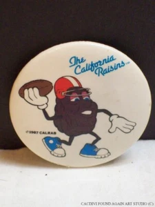 Jugador de fútbol americano California Raisins década de 1980 comerciales programa de televisión Calrab pinback de colección - Imagen 1 de 5