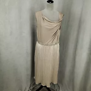 Tahari Dress Womens 14 Champagne Gold Pleated Shimmer Midi - Picture 1 of 9