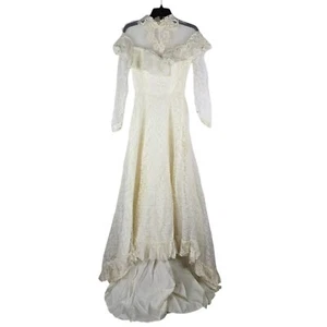 JC Penny Vintage Womens Small Lace Sleeves Shoulders Ruffles 70s Wedding Dress - Picture 1 of 11