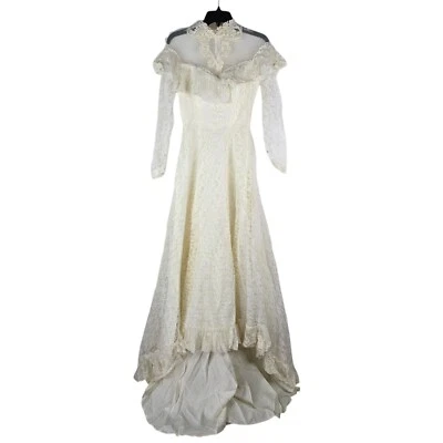 JC Penny Vintage Womens Small Lace Sleeves Shoulders Ruffles 70s Wedding Dress - Image 1 of 4