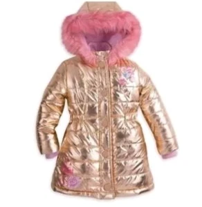 Disney Puffer Jacket Girls Size 2 2T Rose Gold Metallic Pink Full Zip Hoodie Fur - Picture 1 of 9